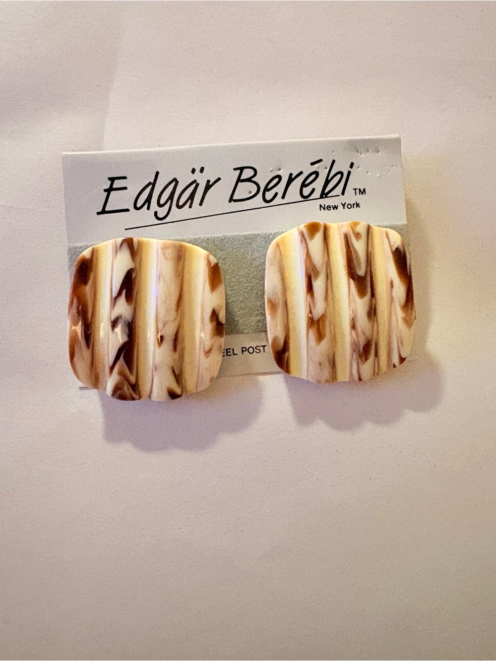 Vintage Edgar Berebi Brown & Cream Marbled Clip-On Earrings